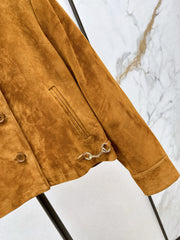 Suede lapel leather jacket with horseshoe buckle detailing