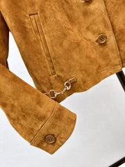 Suede lapel leather jacket with horseshoe buckle detailing