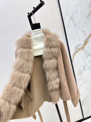 Fox fur-trimmed knitted coat