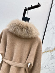 Fox fur-trimmed knitted coat