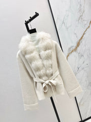 Fox fur-trimmed knitted coat
