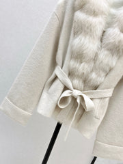 Fox fur-trimmed knitted coat