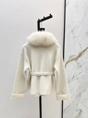 Fox fur-trimmed knitted coat