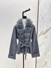 Fox fur-trimmed knitted coat