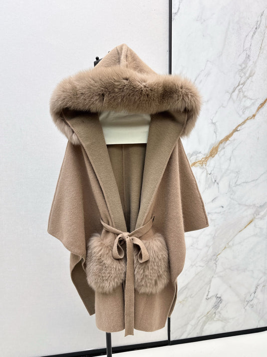 fox fur trim cape coat