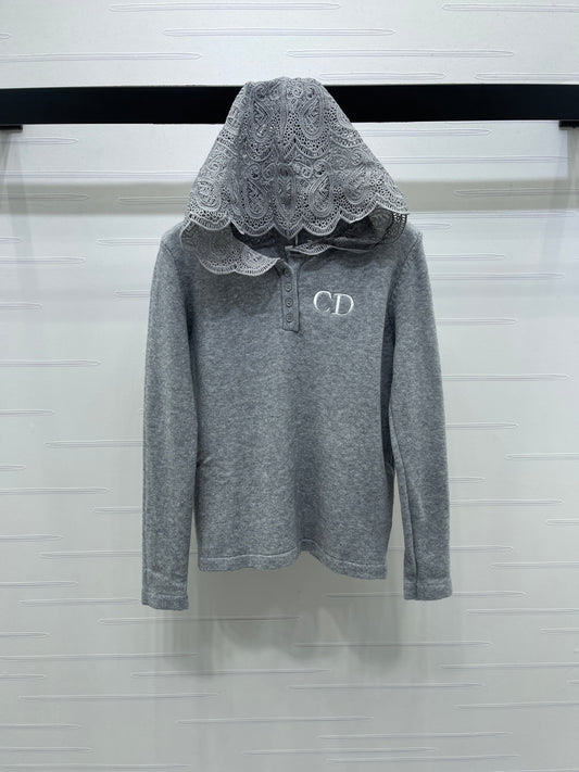 Hooded lace knitted long-sleeved sweater