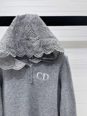 Hooded lace knitted long-sleeved sweater