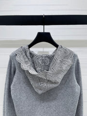 Hooded lace knitted long-sleeved sweater