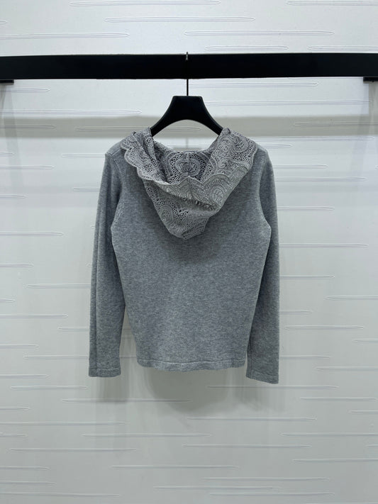 Hooded lace knitted long-sleeved sweater
