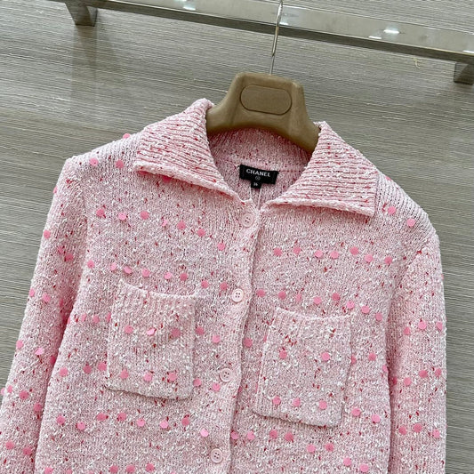 Retro Thick Linen Sequin Knit Polo Shirt