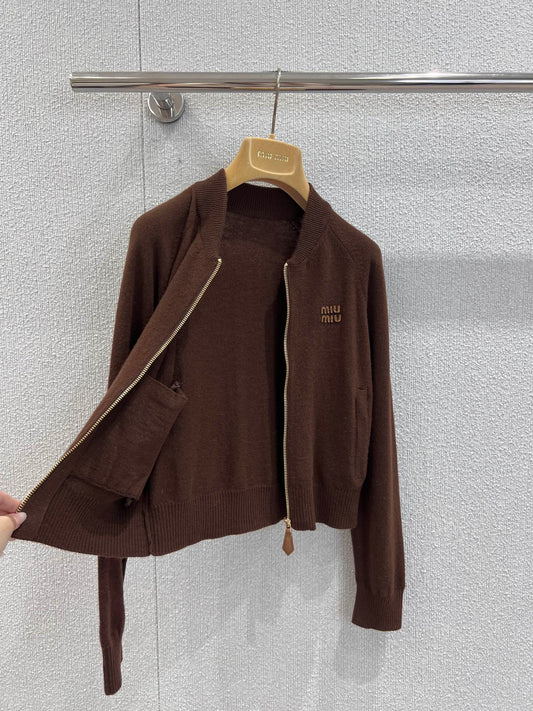 Chocolate Zipper Cashmere Knit Jacket