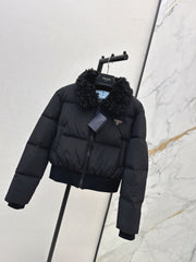 Short down puffer jacket with wool collar