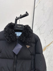Short down puffer jacket with wool collar