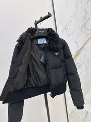 Short down puffer jacket with wool collar