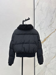 Short down puffer jacket with wool collar