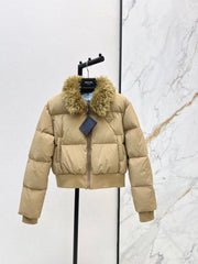 Short down puffer jacket with wool collar
