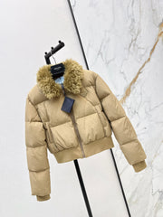 Short down puffer jacket with wool collar