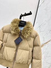 Short down puffer jacket with wool collar