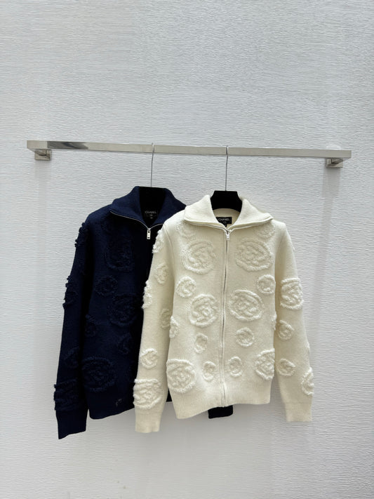 Jacquard collared knit long-sleeved cardigan