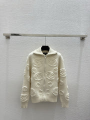 Jacquard collared knit long-sleeved cardigan