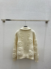 Jacquard collared knit long-sleeved cardigan