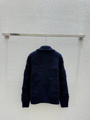 Jacquard collared knit long-sleeved cardigan