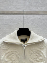 Jacquard collared knit long-sleeved cardigan