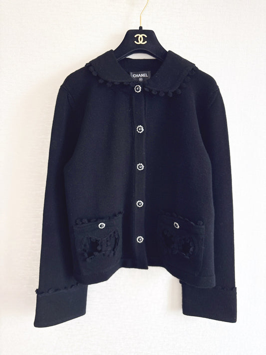 Bow-tie openwork pocket Peter Pan collar cardigan