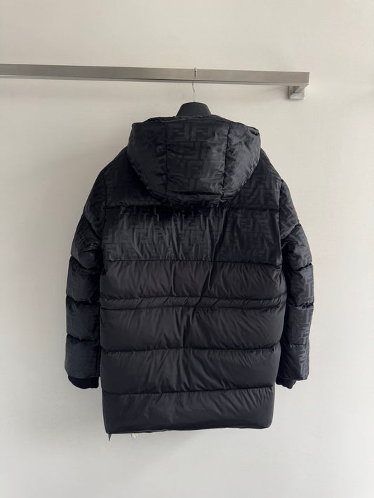 Hooded, fitted-waist jacquard mid-length down jacket