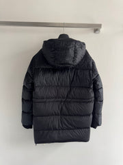 Hooded, fitted-waist jacquard mid-length down jacket