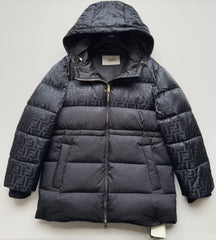 Hooded, fitted-waist jacquard mid-length down jacket