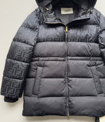 Hooded, fitted-waist jacquard mid-length down jacket