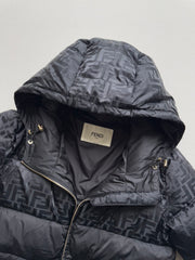 Hooded, fitted-waist jacquard mid-length down jacket