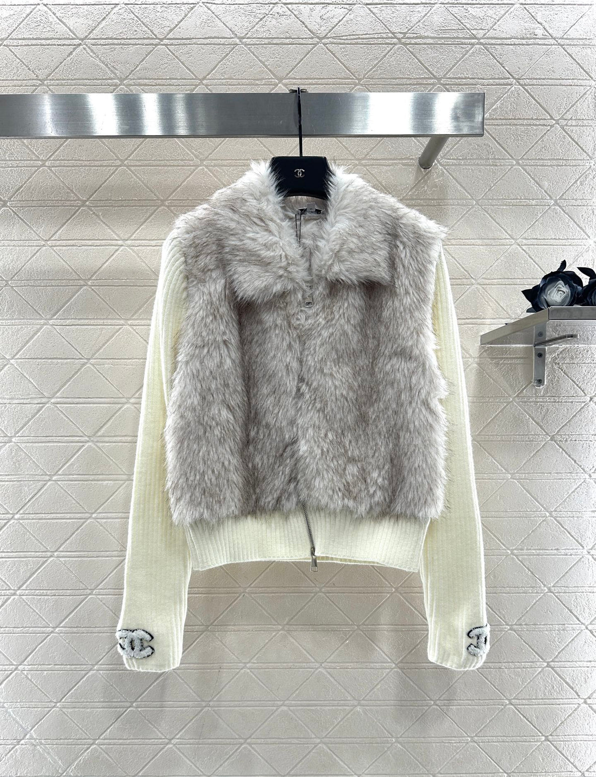 Knitted patchwork collared fur coat.