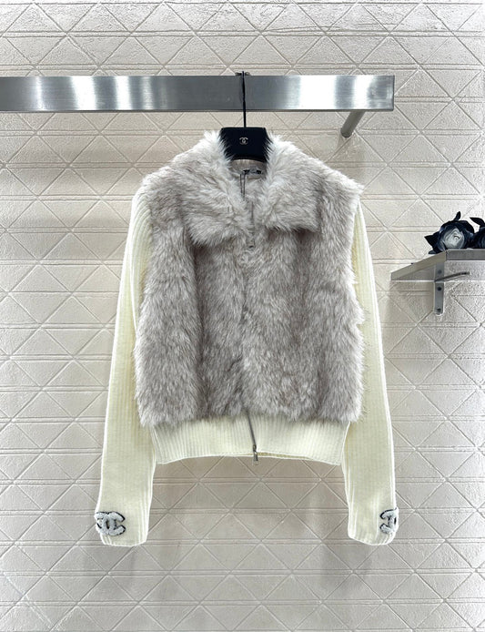 Knitted patchwork collared fur coat.