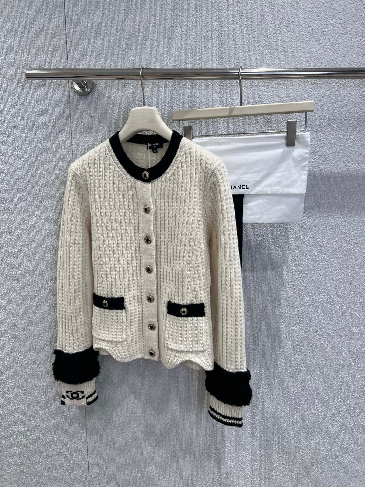 Black and white color-blocked wool knit cardigan