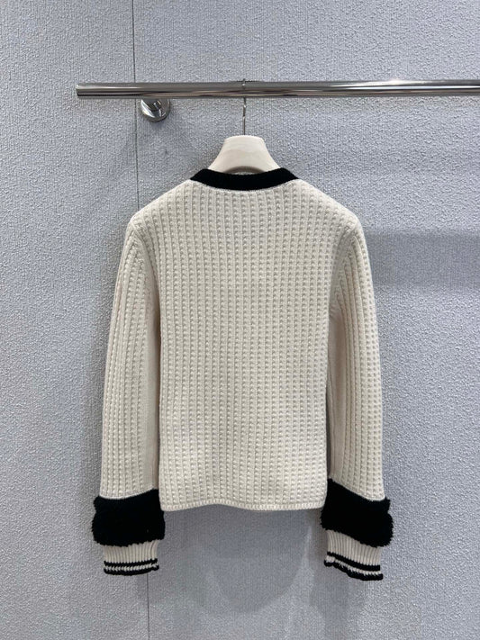 Black and white color-blocked wool knit cardigan