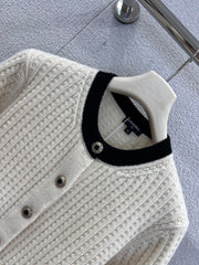 Black and white color-blocked wool knit cardigan