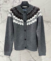 Retro Color-Blocked Diamond Pattern Crew Neck Knit Cardigan
