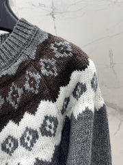 Retro Color-Blocked Diamond Pattern Crew Neck Knit Cardigan