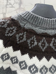 Retro Color-Blocked Diamond Pattern Crew Neck Knit Cardigan