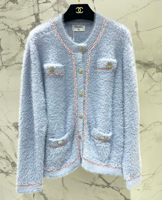 Thick, color-blocked brushed knit cardigan