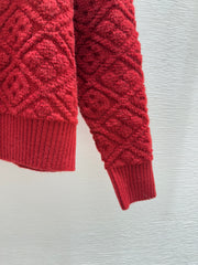 Red collared knit long-sleeved cardigan