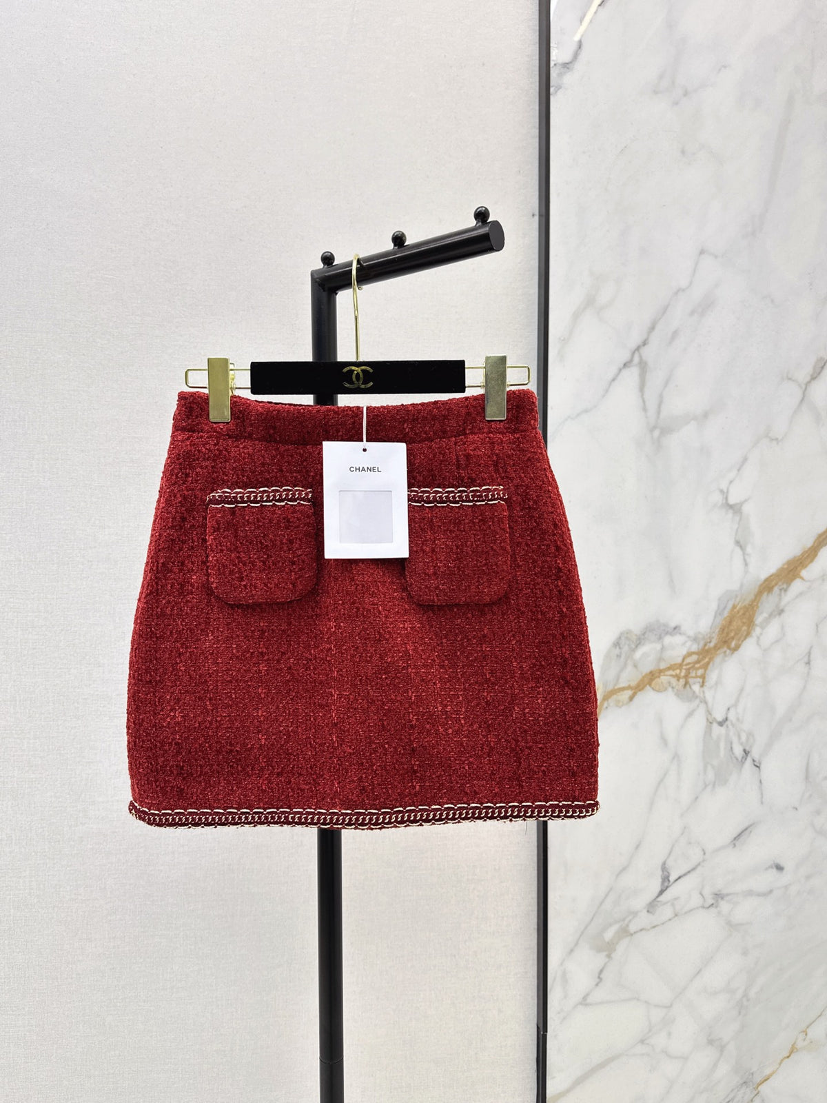 Red woven A-line midi skirt