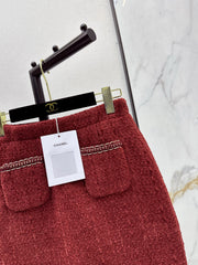 Red woven A-line midi skirt