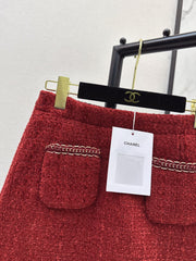 Red woven A-line midi skirt