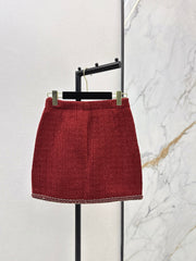 Red woven A-line midi skirt