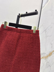 Red woven A-line midi skirt