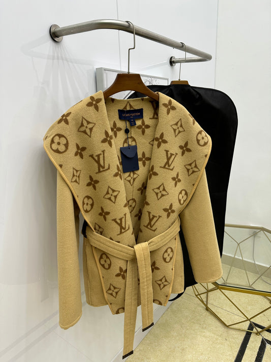 Wrap-style hooded cashmere and wool coat