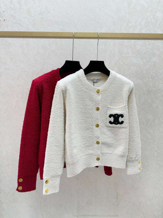 Letter Embroidered Crew Neck Knit Cardigan